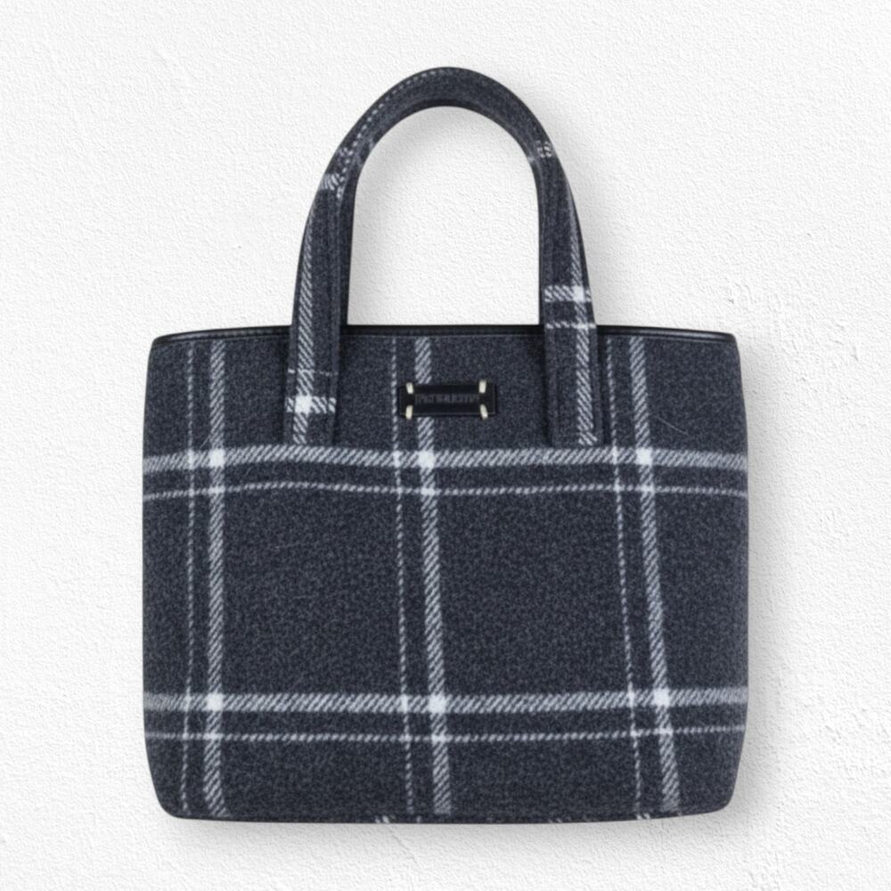 Pendleton Wool Plaid Mini Tote Bag Black Gray Structured Zip Top Purse